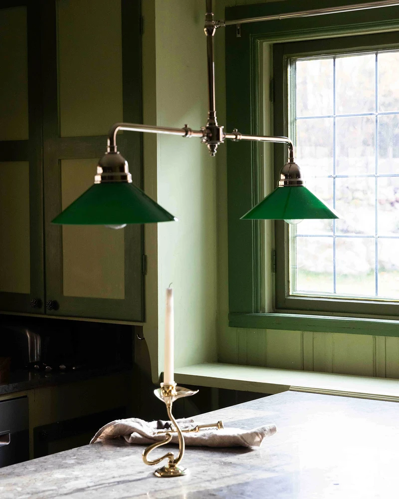 Taklampa - Spelbordslampa mässing, gröna skärmar