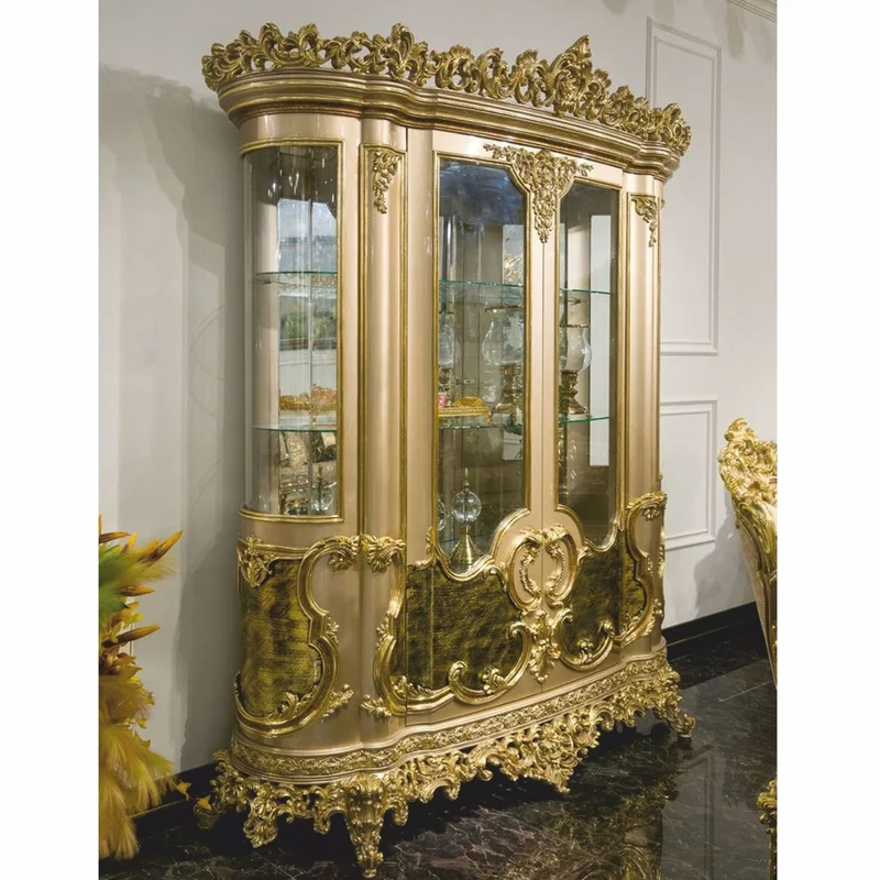 Casa Padrino Luxus Barock Vitrine Grau / Grün / Gold 200 x H. 230 cm - Prunkvoller Massivholz Vitrinenschrank - Barock Möbel