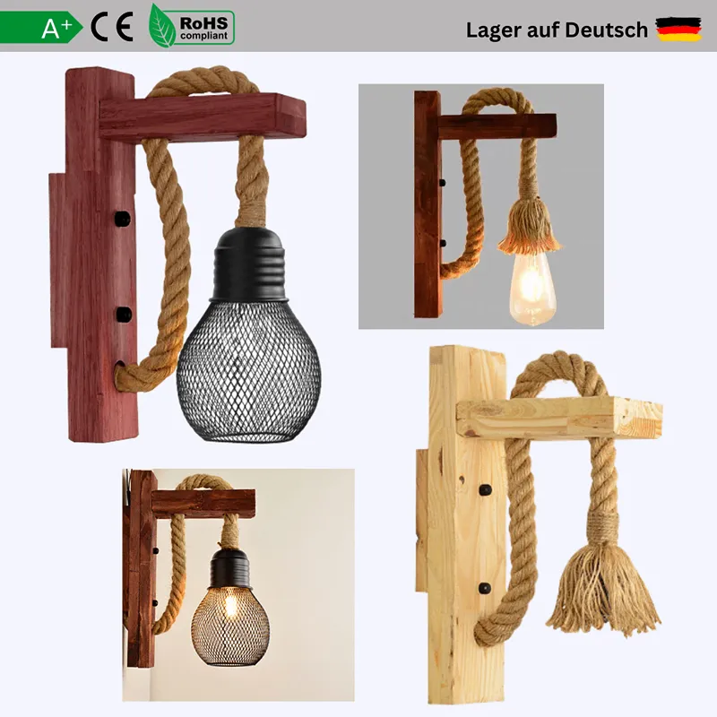 Vintage Wandleuchte Holz & Hanfseil Rustikales E27 ~2583