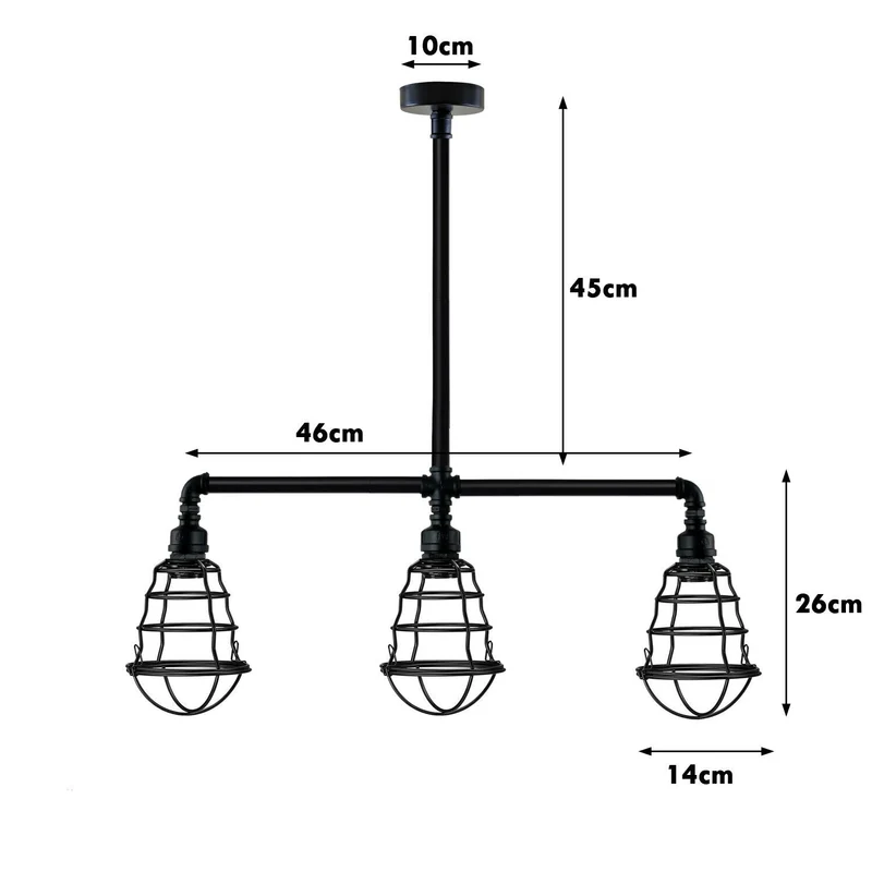 Verzinkte Decken-3-Kopf-Lampe Schwarzes Metall Wasserrohr-Leuchte Rohrlampen~2312