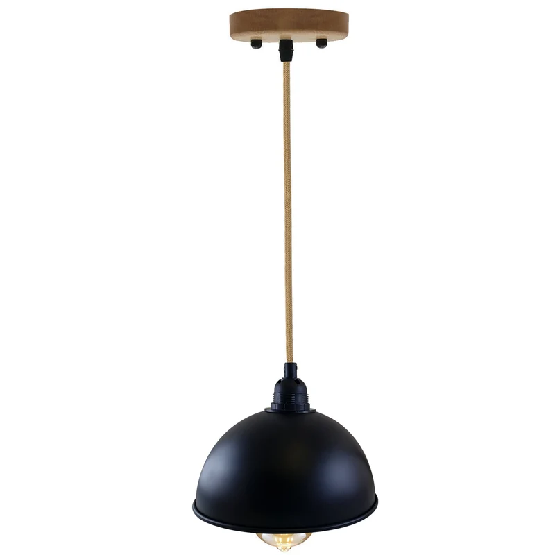 Vintage Industrie Pendelleuchte aus Hanfseil – Retro Deckenlampe mit Metall Lampenschirm in Schwarz~2157