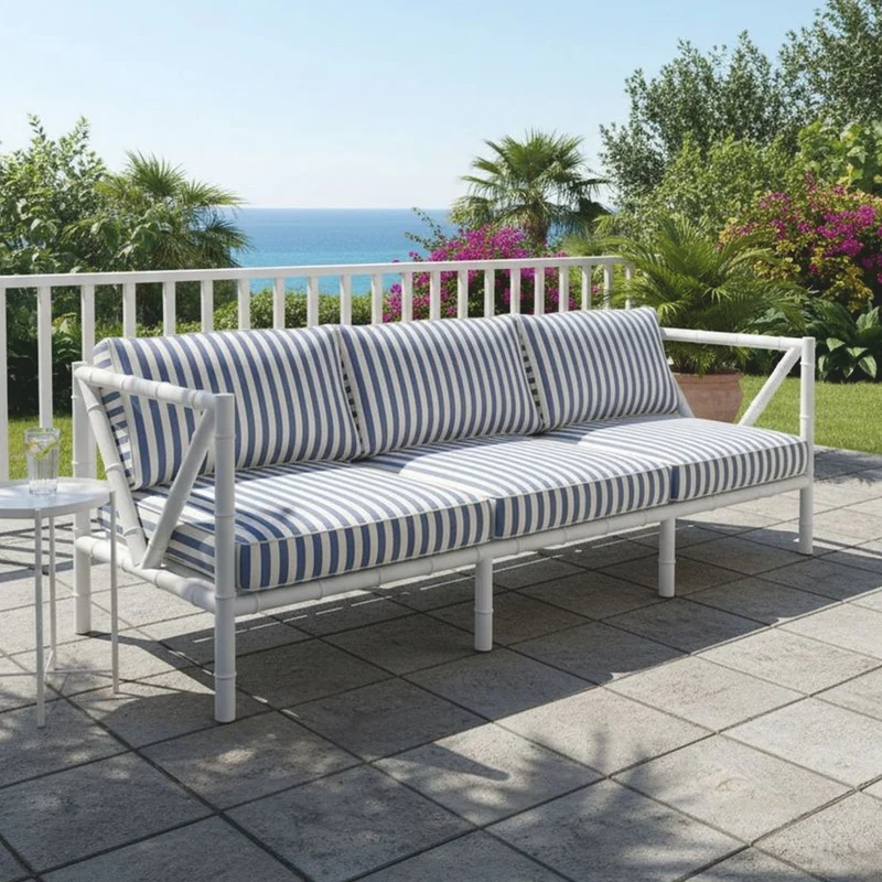 Casa Padrino Luxus Schmiedeeisen Sofa Weiß / Blau 280 cm - Hotel & Garten Sofa - Schmiedeeisen Hotel & Garten Möbel
