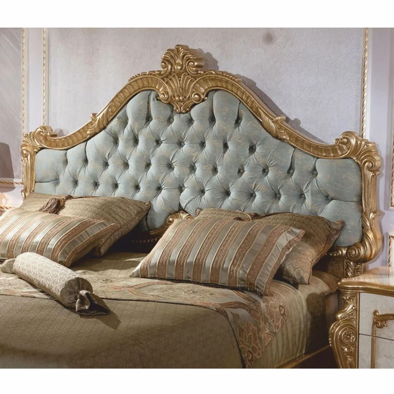 Casa Padrino Luxus Barock Doppelbett Hellblau / Gold 180 x 200 cm - Prunkvolles Barockstil Bett - Barock Schlafzimmer & Hotel Möbel