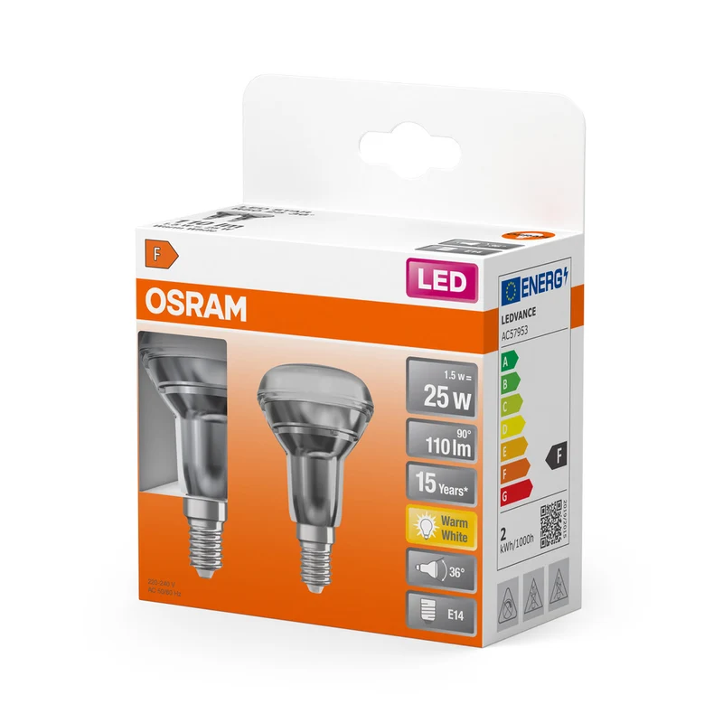 OSRAM LED Lampe LED STAR R50 1.5W 827 E14, 110 lm, 2700 K, Warmweiß, 2er Pack