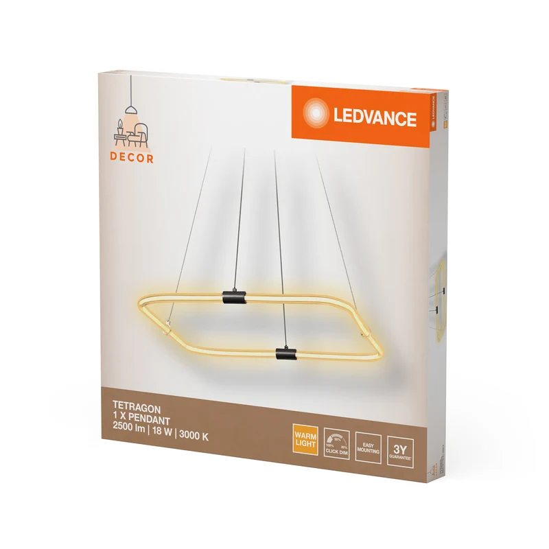 LEDVANCE Decor Tetragon Pendelleuchte aus geschwungenem Polycarbonat mit LED und Filament-Design, 18 W, 2000 lm, 3000 K, 830 warmweiß, , Click dimmbar, dunkelgrau, Kunststoff (PC)