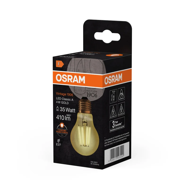 OSRAM VINTAGE 1906® LED Lampe LED CLASSIC A 4W 824 Gold E27, 410 lm, 2400 K, Warm Comfort Light