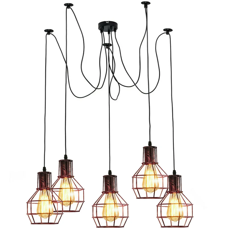 Rustikale rote 2m Pendelleuchte Käfig Retro industrielle Deckenleuchte Spinnenlampe~2273
