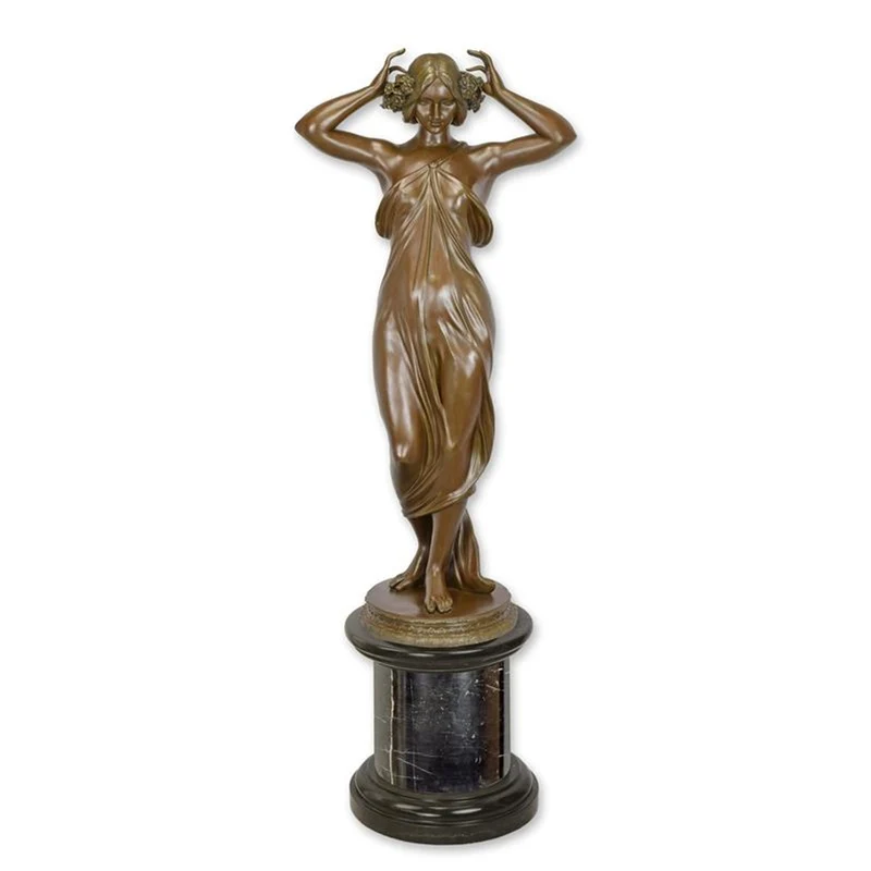 Casa Padrino Luxus Jugendstil Bronzefigur Dame mit Blumen im Haar Bronze / Schwarz H. 163 cm - Bronze Skulptur mit Marmorsockel - Barock & Jugendstil Deko