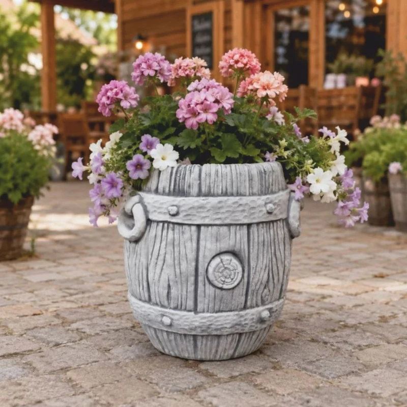 Casa Padrino Garten Deko Blumentopf in Fassform Grau H. 38 cm - Runder Pflanzentopf - Garten & Terrassen Deko