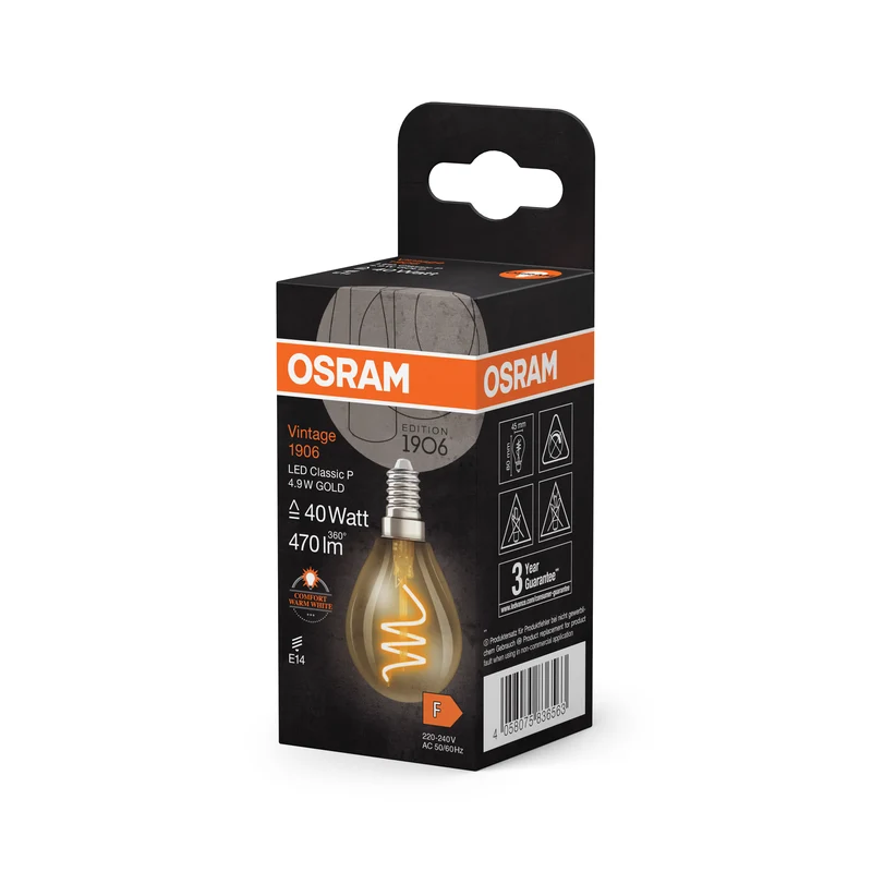 OSRAM Vintage 1906 Classic LED-Lampe Gold, 4.9W, 470lm, 45mm , Comfort warm white , E14
