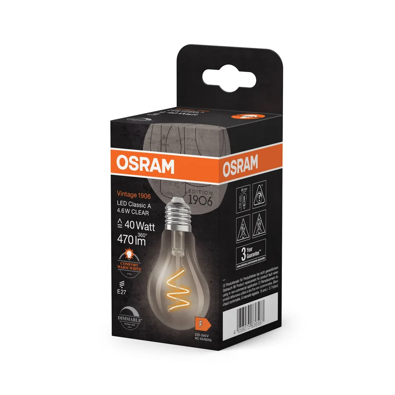 OSRAM Vintage 1906 Classic LED-Lampe Klar, 4.6W, 470lm, E27 , Comfort warm white