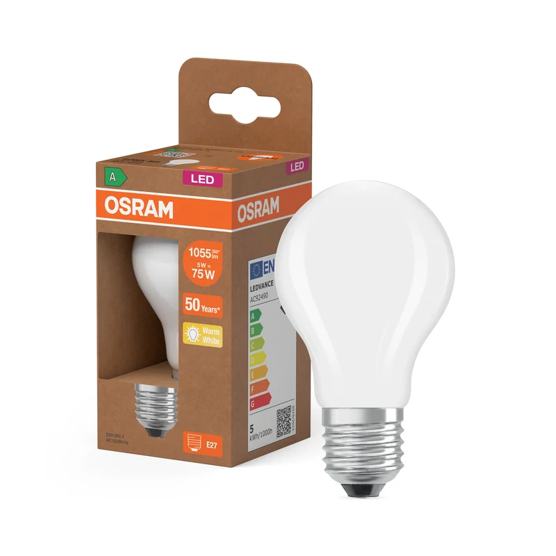 OSRAM LED LAMPS ENERGY CLASS A ENERGY EFFICIENCY FILAMENT CLASSIC A in A-Form, LED-Lampe, Bleifreies Glas, Matt, 5 W, 1055 lm, Warmweiß, Energieeffizienzklasse: A