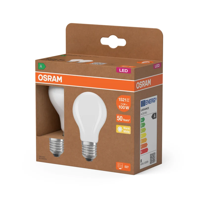 OSRAM LED LAMPS ENERGY CLASS A ENERGY EFFICIENCY FILAMENT CLASSIC A in A-Form, LED-Lampe, Bleifreies Glas, Matt, 7,2 W, 1521 lm, Warmweiß, Energieeffizienzklasse: A, 2er