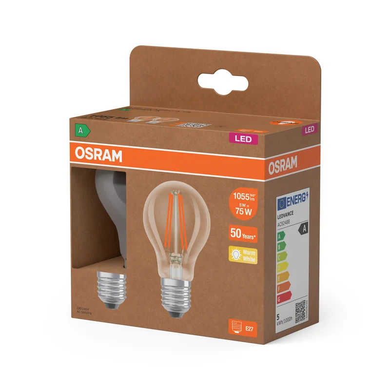 OSRAM LED LAMPS ENERGY CLASS A ENERGY EFFICIENCY FILAMENT CLASSIC A in A-Form, LED-Lampe, Bleifreies Glas, Klar, 5 W, 1055 lm, Warmweiß, Energieeffizienzklasse: A, 2er