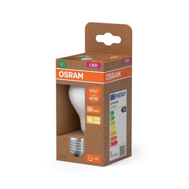 OSRAM LED LAMPS ENERGY CLASS A ENERGY EFFICIENCY FILAMENT CLASSIC A in A-Form, LED-Lampe, Bleifreies Glas, Matt, 2,2 W, 470 lm, Warmweiß, Energieeffizienzklasse: A