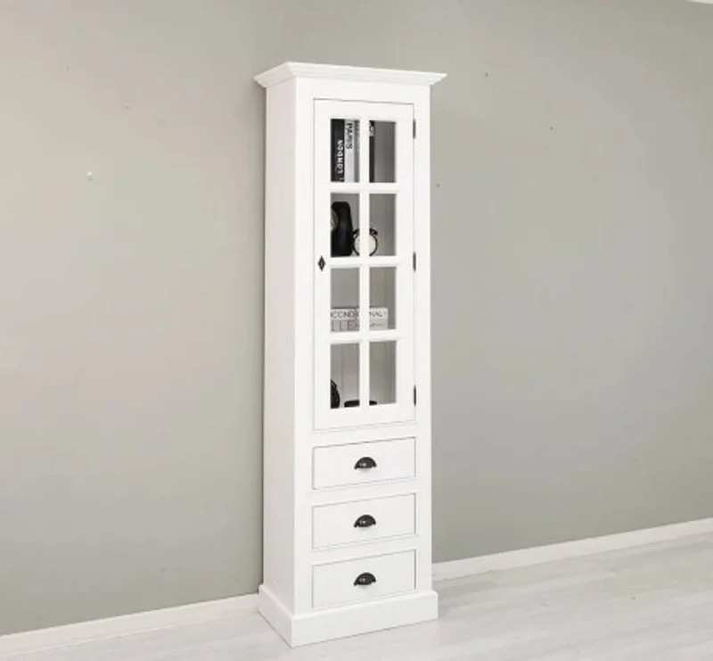Casa Padrino Vitrine im Landhausstil Weiß mit 1 Glastür und 3 Schubladen, 66 x 40 x 210 cm