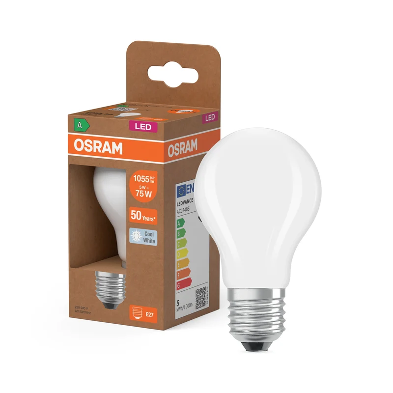 OSRAM LED LAMPS ENERGY CLASS A ENERGY EFFICIENCY FILAMENT CLASSIC A in A-Form, LED-Lampe, Bleifreies Glas, Matt, 5 W, 1055 lm, Kaltweiß, Energieeffizienzklasse: A