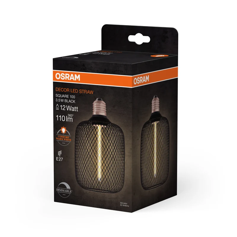 OSRAM DECOR LED Strohfilament Lampe Quadrat, Schwarz, 3.5W, 110lm , Comfort warm white , E27