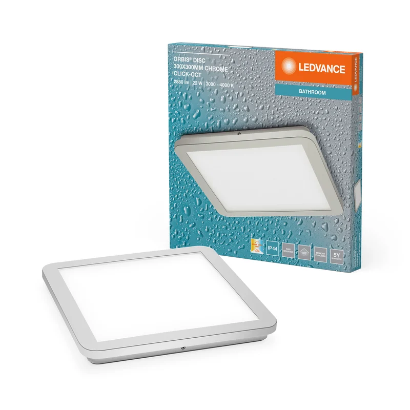 LEDVANCE ORBIS Disc Wand-/Deckenleuchte mit LED, Chrom, 22W, 1800lm, 3000/4000K, über Wandschalter mit Click CCT einstellbar, 30x30cm, IP44 Schutz für Badezimmer, Montageschrauben und Dübel inklusive