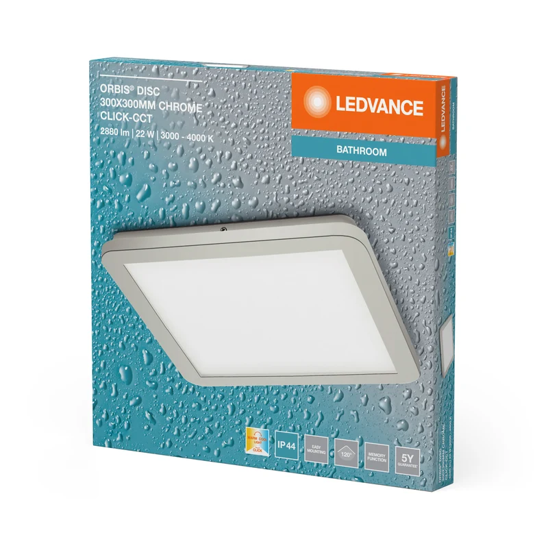 LEDVANCE ORBIS Disc Wand-/Deckenleuchte mit LED, Chrom, 22W, 1800lm, 3000/4000K, über Wandschalter mit Click CCT einstellbar, 30x30cm, IP44 Schutz für Badezimmer, Montageschrauben und Dübel inklusive