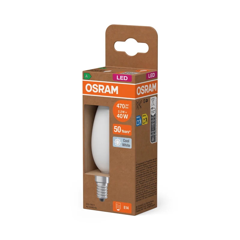 OSRAM LED CLASSIC B ENERGY EFFICIENCY A in B-Form, LED-Lampe, Bleifreies Glas, Matt, 2,2 W, (ex 40 W), 470 lm, Kaltweiß, 4000 K, Energieeffizienzklasse: A, CRI 80