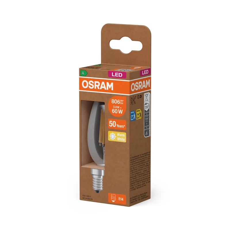 OSRAM LED CLASSIC B ENERGY EFFICIENCY A in B-Form, LED-Lampe, Bleifreies Glas, Klar, 3,8 W, (ex 60 W), 806 lm, Warmweiß, 2700 K, Energieeffizienzklasse: A, CRI 80