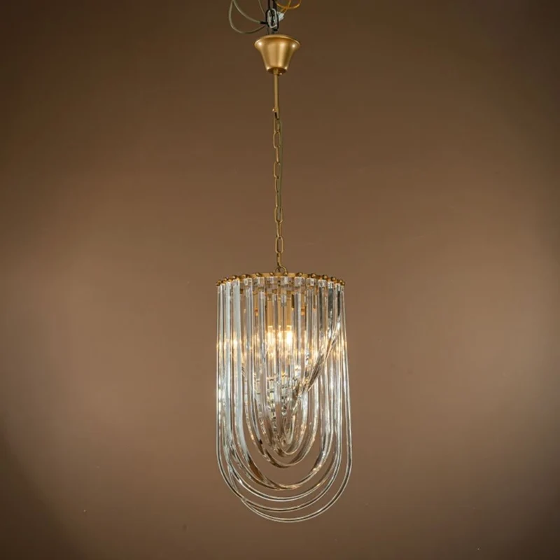 Casa Padrino Luxus Kronleuchter Gold Ø 31 x H. 61 cm - Schmaler Kristall Lüster mit gebogenen Glasstäben