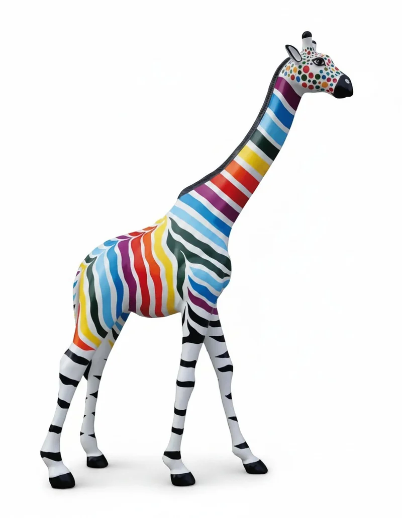 Casa Padrino Luxus Deko Skulptur Giraffe Zebra Bunt H. 230 cm - Riesige Gartenskulptur - Lebensgroße Skulptur - XXL Deko Skulptur - XXL Deko Figur