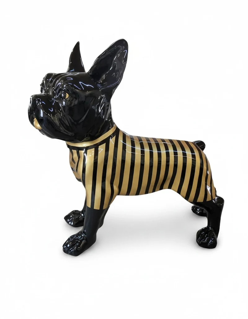 Casa Padrino Luxus Deko Skulptur Hund Französische Bulldogge Streifen Gold H. 178 cm - Riesige Gartenskulptur - Lebensgroße Skulptur - XXL Deko Skulptur - XXL Deko Figur
