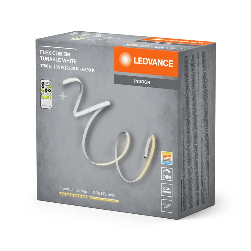 LEDVANCE FLEX COB 5M LED-Streifen TW RC, gelb, 30W, 1700lm, warm- bis kaltweiß steuerbar, COB-Technologie, homogene Lichtverteilung, mit Fernbedienung, lange Lebensdauer, einfache Montage, IP20