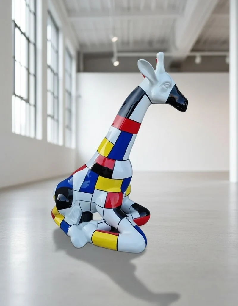 Casa Padrino Luxus Deko Skulptur Giraffe Sitzend Mondrian H. 80 cm - Deko Skulptur - Deko Figur - Tierfigur - Gartendeko