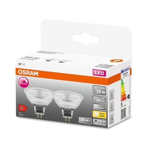 OSRAM Dimmbare Niedervolt-LED-Reflektorlampen MR16 mit Retrofit-Stecksockel, 35 Watts Ersatz, GU5.3, MR16 reflector, 2700 Kelvin, Warm weiß, Klares Glas, 2-er Pack