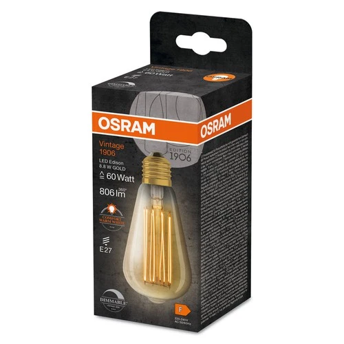 OSRAM Dimmbare LED-Lampen, Vintage-Edition, 60 Watts Ersatz, E27, ST64-shape, 2200 Kelvin, Warm Comfort Light, Klares Glas, single Pack