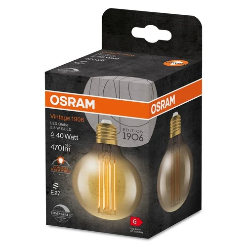 OSRAM Dimmbare LED-Lampen, Vintage-Edition, 40 Watts Ersatz, E27, G80, 2200 Kelvin, Warm Comfort Light, Klares Glas, single Pack