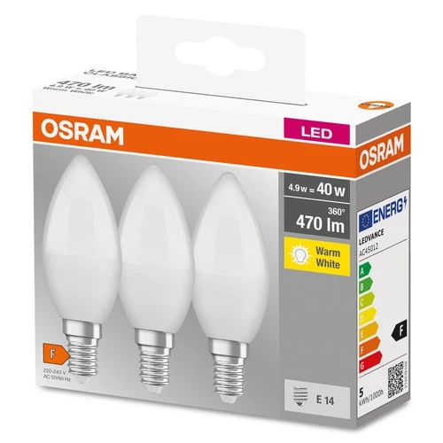 OSRAM BASE CLASSIC B 40 FR LED-Lampe, 4,9W, 470lm, Warmweiß, E14