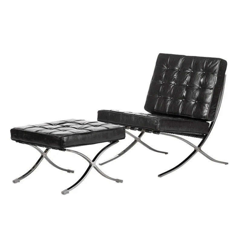 Casa Padrino Luxus Echtleder Lounge Sessel mit Hocker Schwarz 81 x 89 x H. 76 cm - Wohnzimmer Möbel
