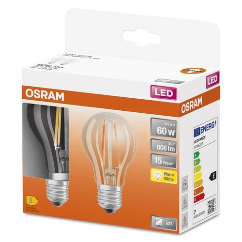 OSRAM LED-Lampen, klassische Kolbenform, 60 Watts Ersatz, E27, A-shape, 2700 Kelvin, Warm weiß, Klares Glas, 2-er Pack