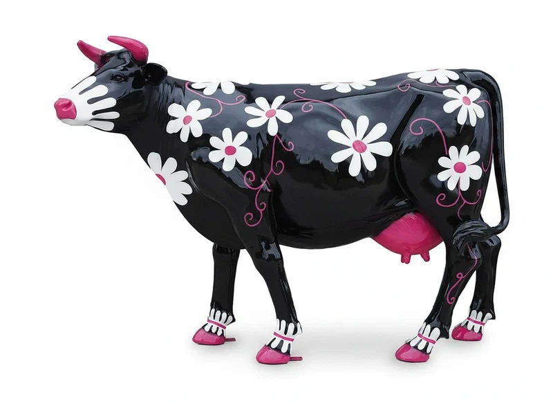 Casa Padrino Luxus Deko Skulptur Kuh Schwarz Weiss Blumen H. 155 cm - Riesige Gartenskulptur - Lebensgroße Skulptur - XXL Deko Skulptur - XXL Deko Figur