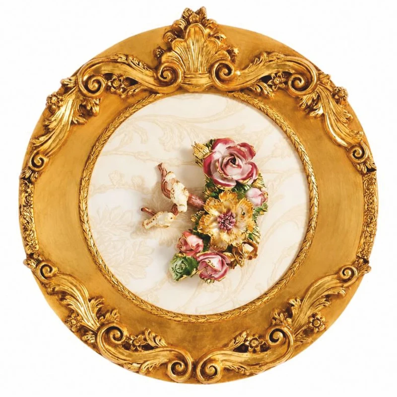 Casa Padrino Luxus Barock Keramik Gemälde mit Massivholzrahmen Creme / Beige / Gold / Bunt Ø 70 cm - Barock Wanddeko - Made in Italy