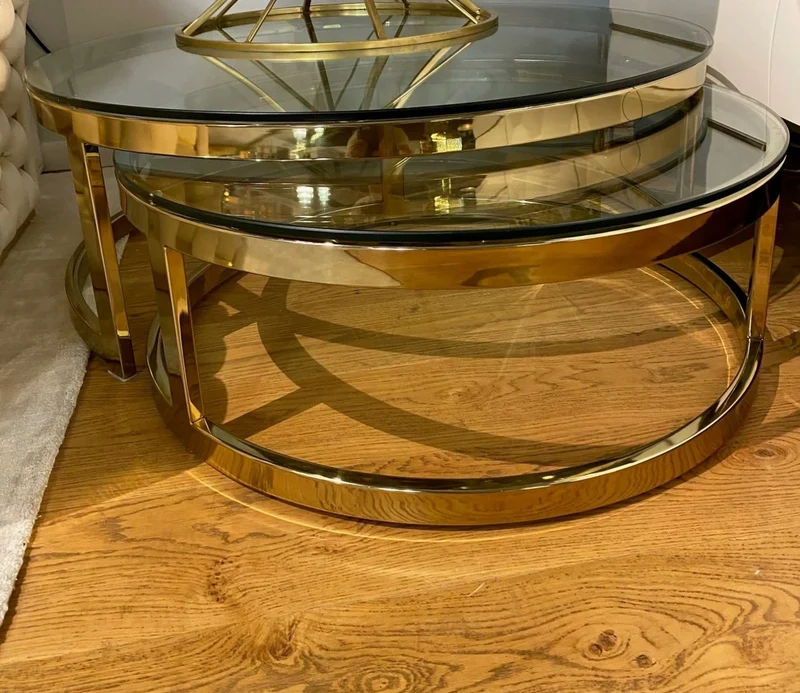 Casa Padrino Luxus Couchtisch Set Gold Ø 100 x H. 35 cm - 2 Runde Wohnzimmertische mit Glasplatten - Satztische