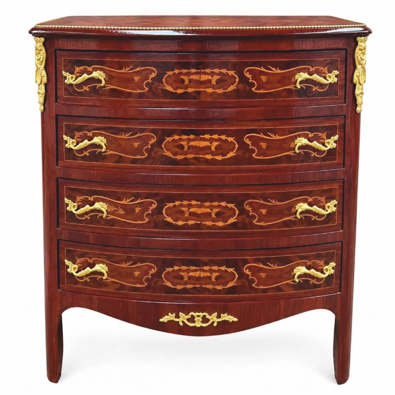 Casa Padrino Barock Kommode mit 4 Schubladen Braun Intarsien / Gold H. 90 cm - Prunkvolle Barock Möbel