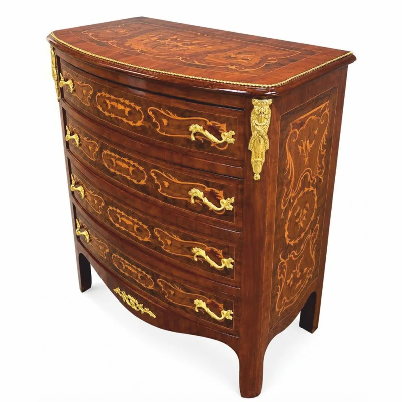 Casa Padrino Barock Kommode mit 4 Schubladen Braun Intarsien / Gold H. 90 cm - Prunkvolle Barock Möbel