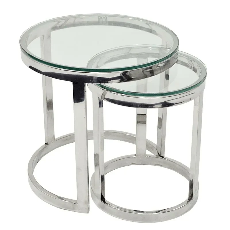 Casa Padrino Luxus Beistelltisch 2er Set Silber Ø 55 x H. 55 cm - Runde Edelstahl Satztische mit Glasplatten