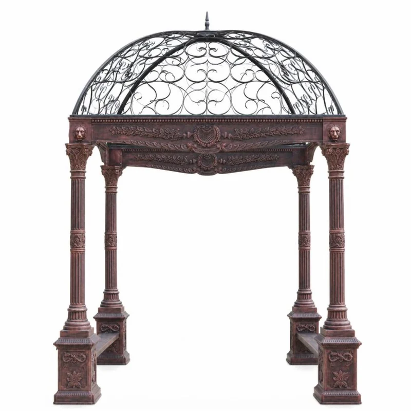 Casa Padrino Barock Garten Pavillon Braun Schwarz H. 360 cm - Gusseisen Pavillon mit integrierten Sitzbänken - Prunkvolle Barock Garten Deko