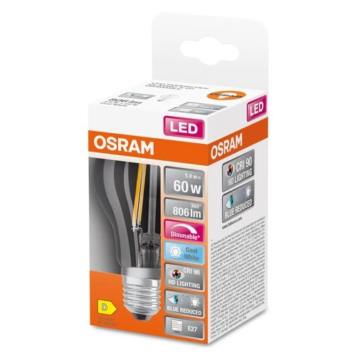 OSRAM Dimmbare LED-Lampe LED SUPERSTAR+ CL A FIL 60 dim 5,8W/940 E27 CRI90 BOX, E27 , Kaltweiß