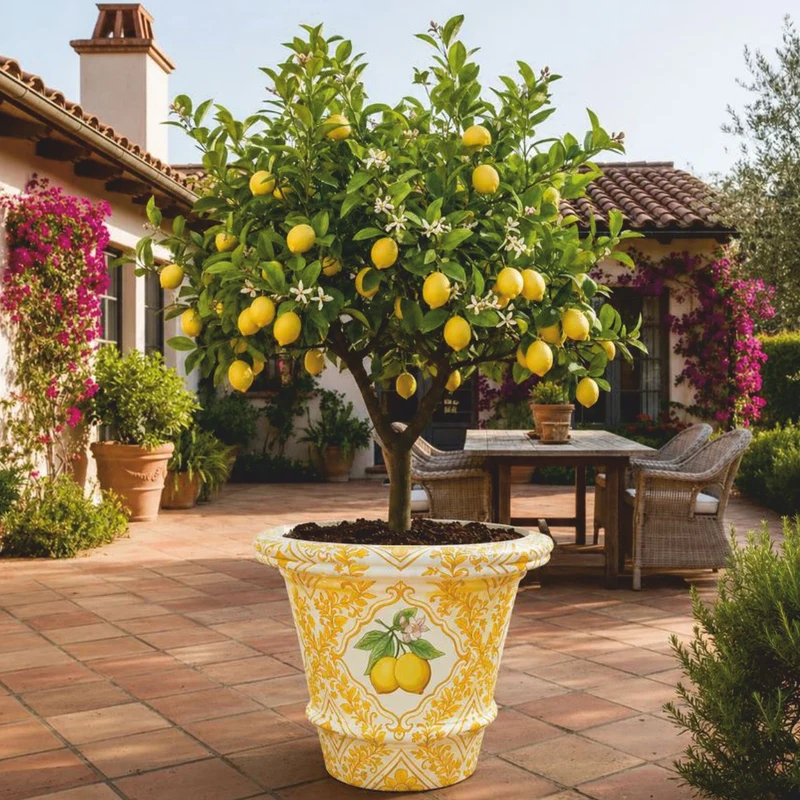 Casa Padrino Luxus Blumentopf Gelb / Weiß / Bunt Ø 80 x H. 63 cm - Runder Keramik Pflanzentopf - Hotel & Garten Deko