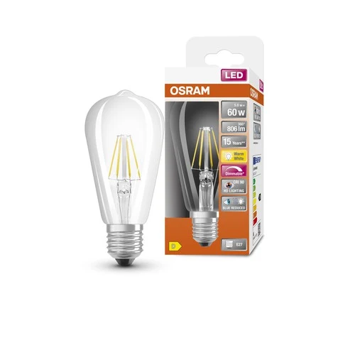 OSRAM Dimmbare FILAMENT LED-Lampe LED SUPERSTAR+ CL Edison FIL 60 dim 5,8W/927, CRI90 E27