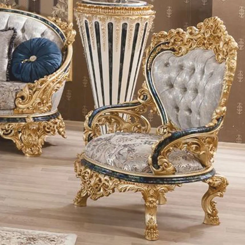 Casa Padrino Luxus Barock Sessel Grau / Gold / Blau - Barock Wohnzimmer & Hotel Sessel - Prunkvolle Barock Möbel