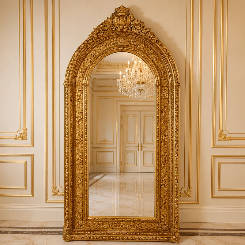 Casa Padrino Barock Standspiegel Gold 115 x H. 215 cm - mit Akanthus Schnitzerei und Wappen Bekrönung - Handgefertigter Antik Stil Ganzkörperspiegel - Garderoben Spiegel - Schlafzimmer Spiegel - Barock Möbel