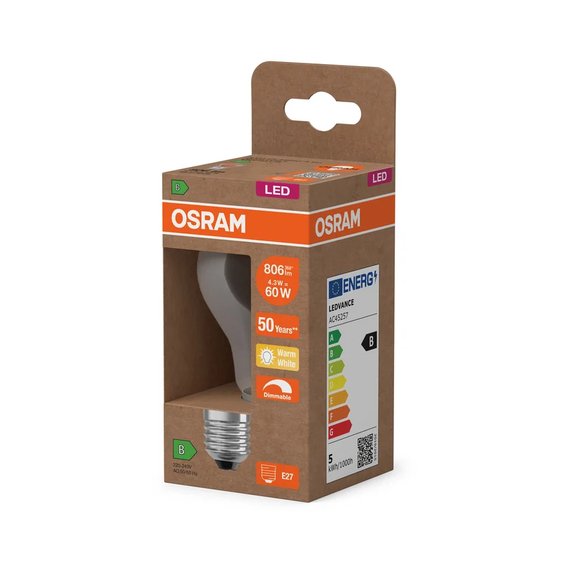 OSRAM LED CLASSIC A ENERGY EFFICIENCY B DIM in A-Form, LED-Lampe, Bleifreies Glas, Klar, 4,3 W, (ex 60 W), 806 lm, Warmweiß, 2700 K, Dimmbar, 50000 h, CRI 80
